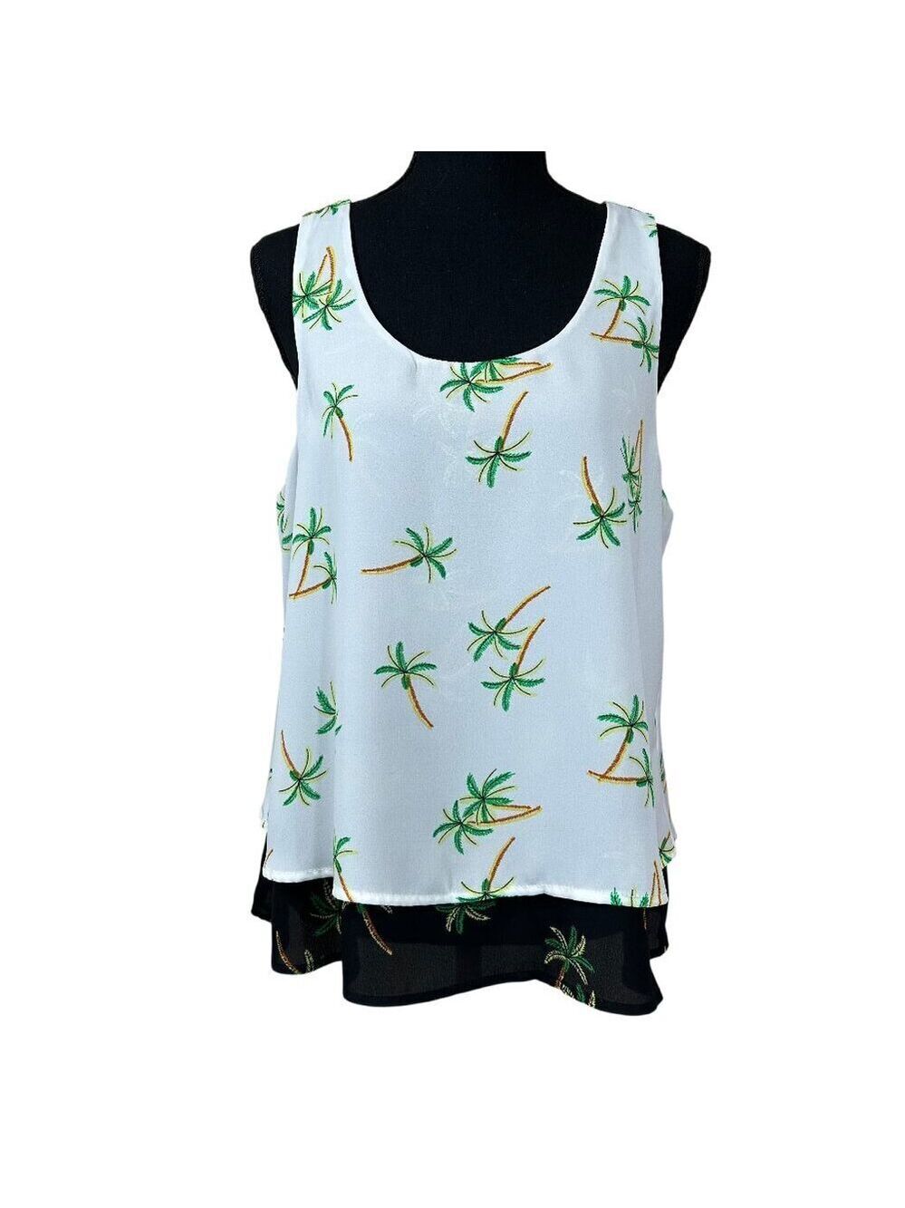 Chenault White Green Black Tropical Palm Tree Layered Sleeveless Top Size M